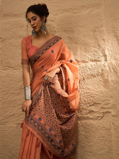 Peach Khadi Linen Woven Saree