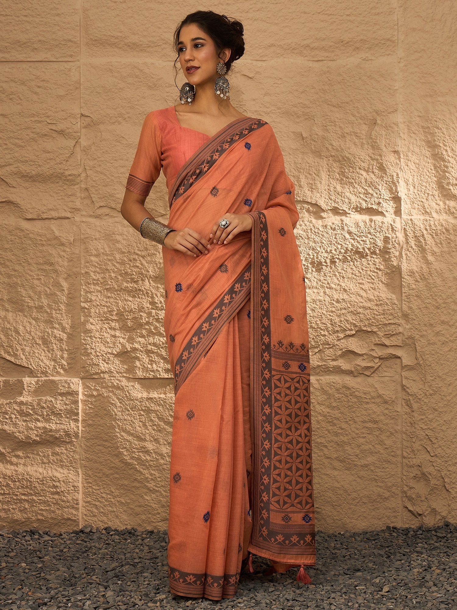 Pink Peach Khadi Linen Woven Saree