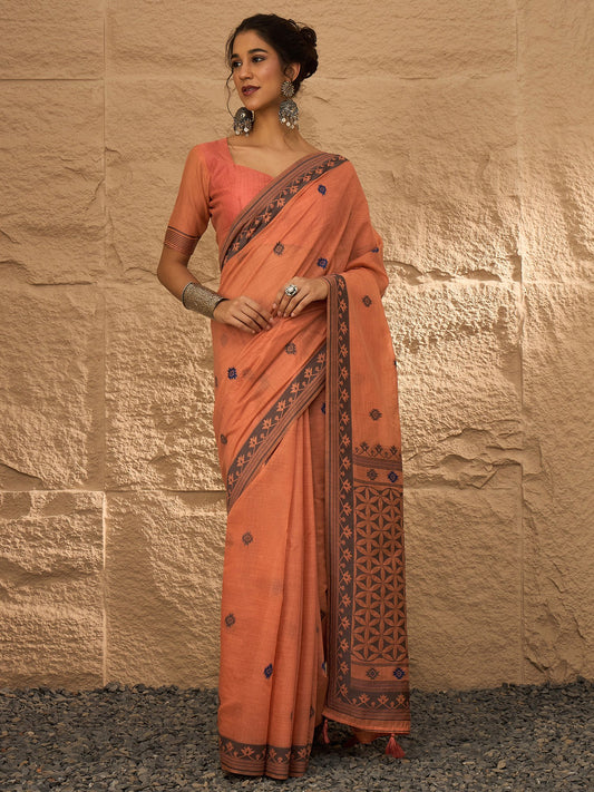 Pink Peach Khadi Linen Woven Saree