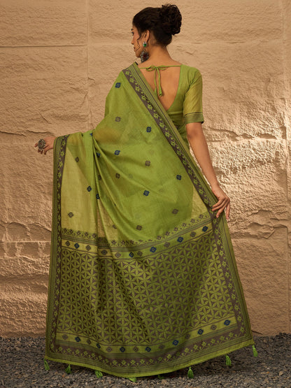 Olive Khadi Linen Woven Saree