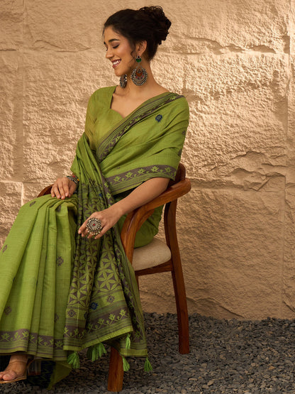 Olive Khadi Linen Woven Saree