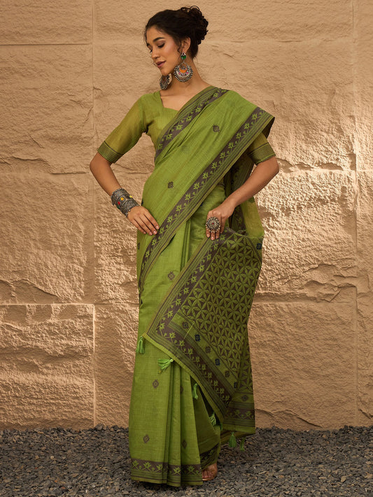 Green Olive Khadi Linen Woven Saree