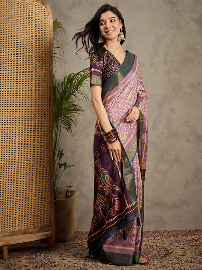 Purple Banarasi Silk Blend Printed Saree
