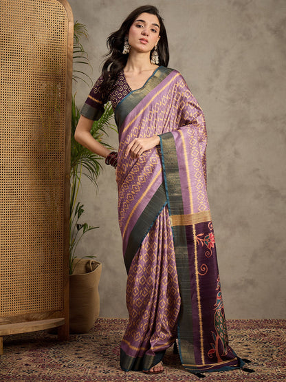 Lavender Purple Banarasi Silk Blend Printed Saree