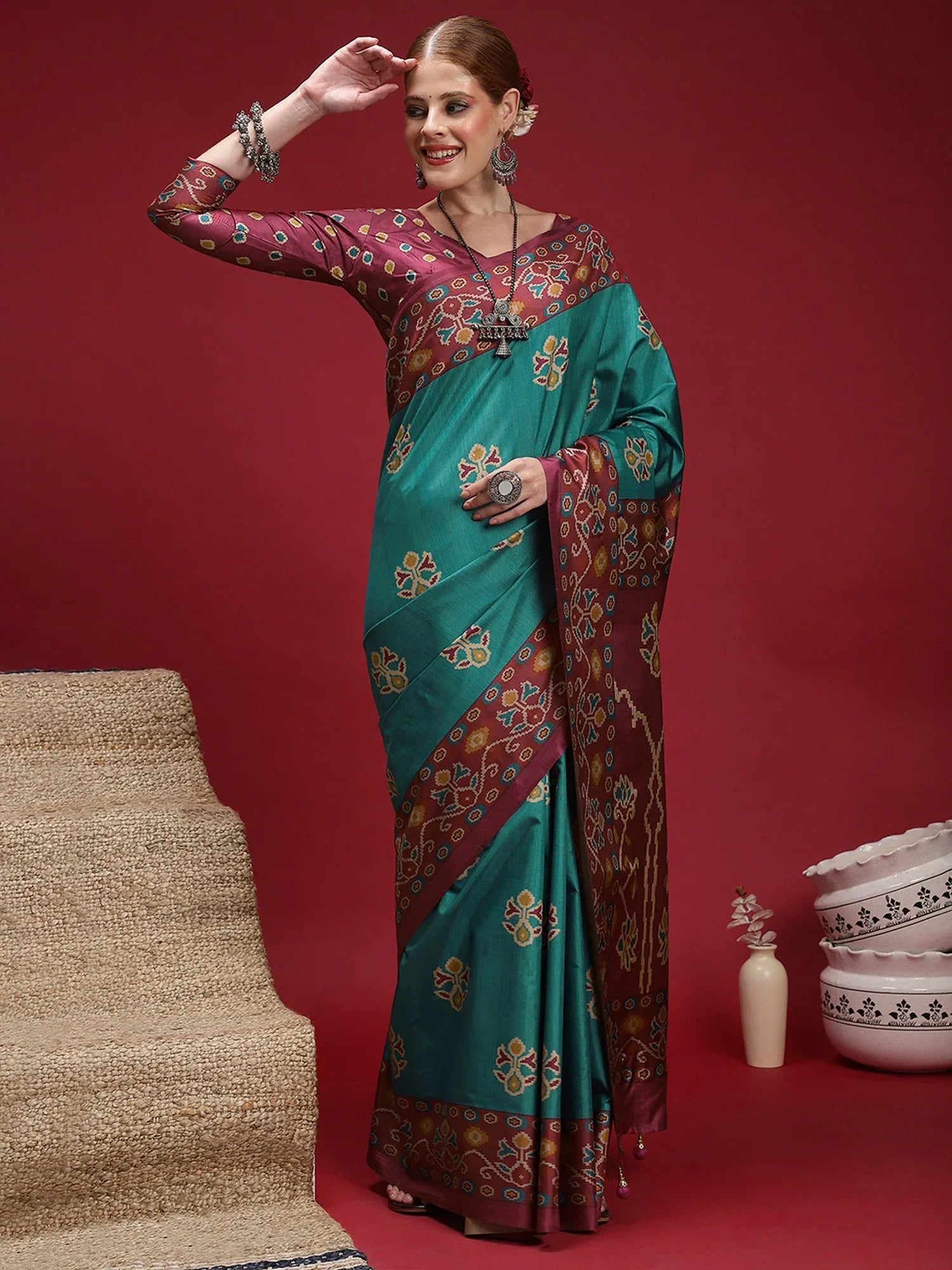 Turquoise Chanderi Silk Blend Digital Print Saree