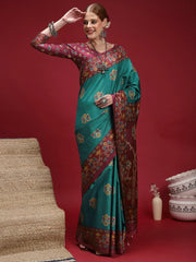 Turquoise Chanderi Silk Blend Digital Print Saree