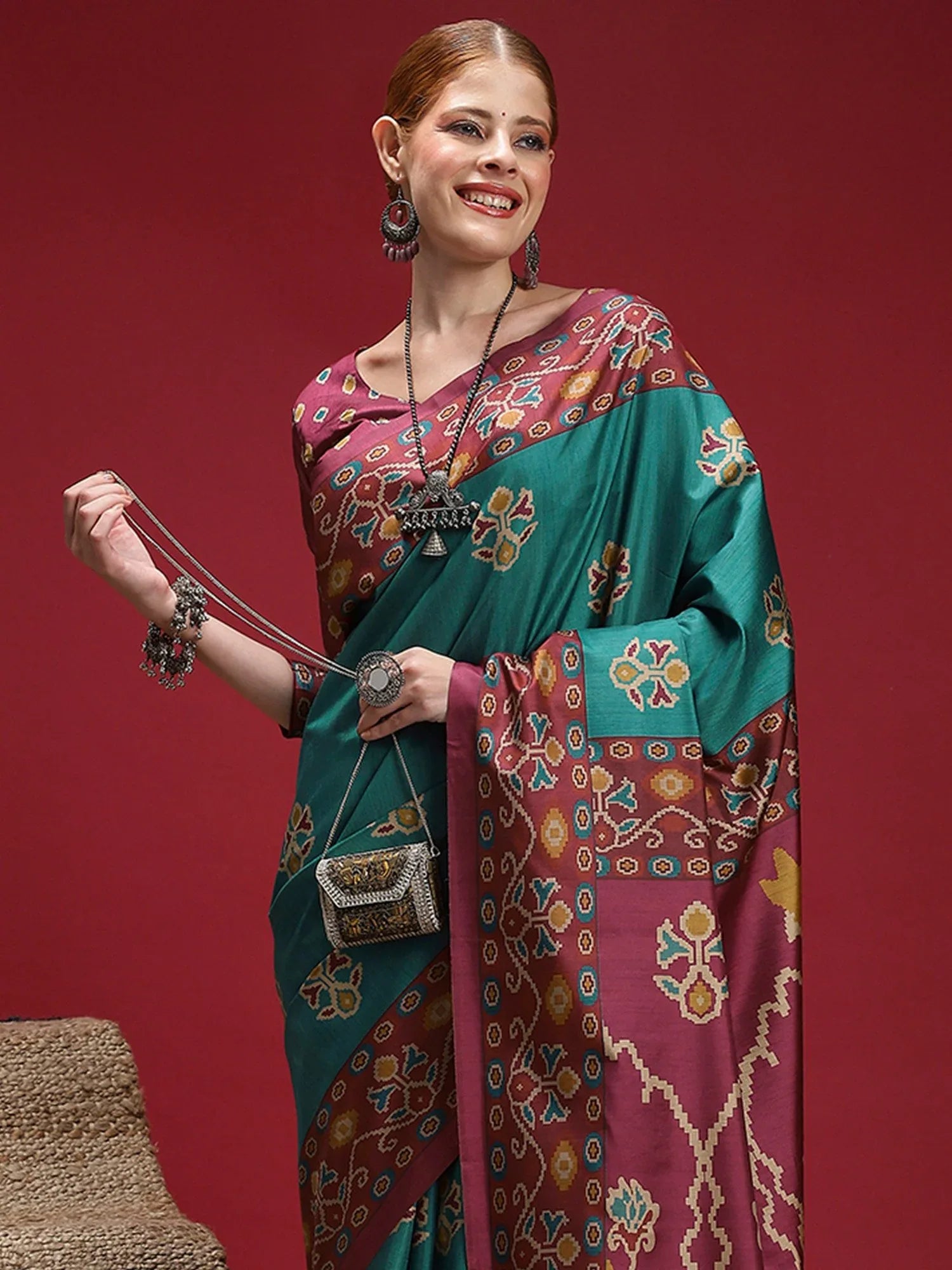 Turquoise Chanderi Silk Blend Digital Print Saree