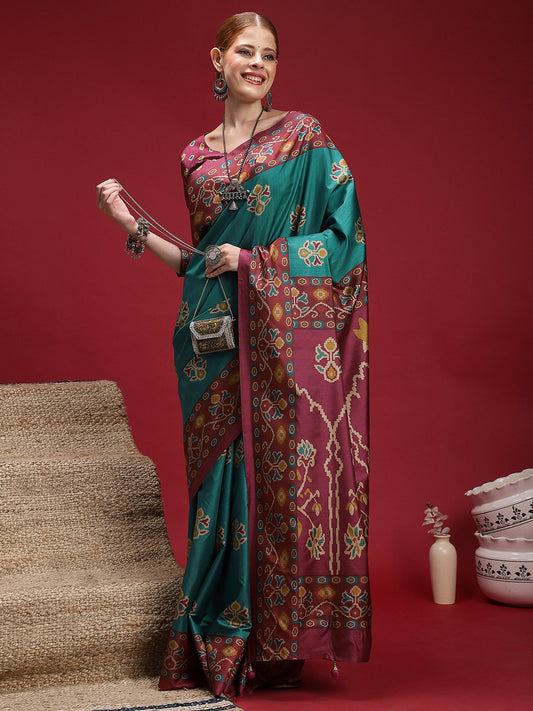 Blue Turquoise Chanderi Silk Blend Digital Print Saree