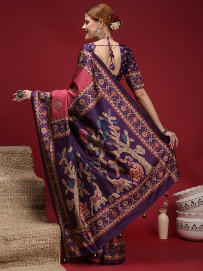 Mauve Chanderi Silk Blend Digital Print Saree