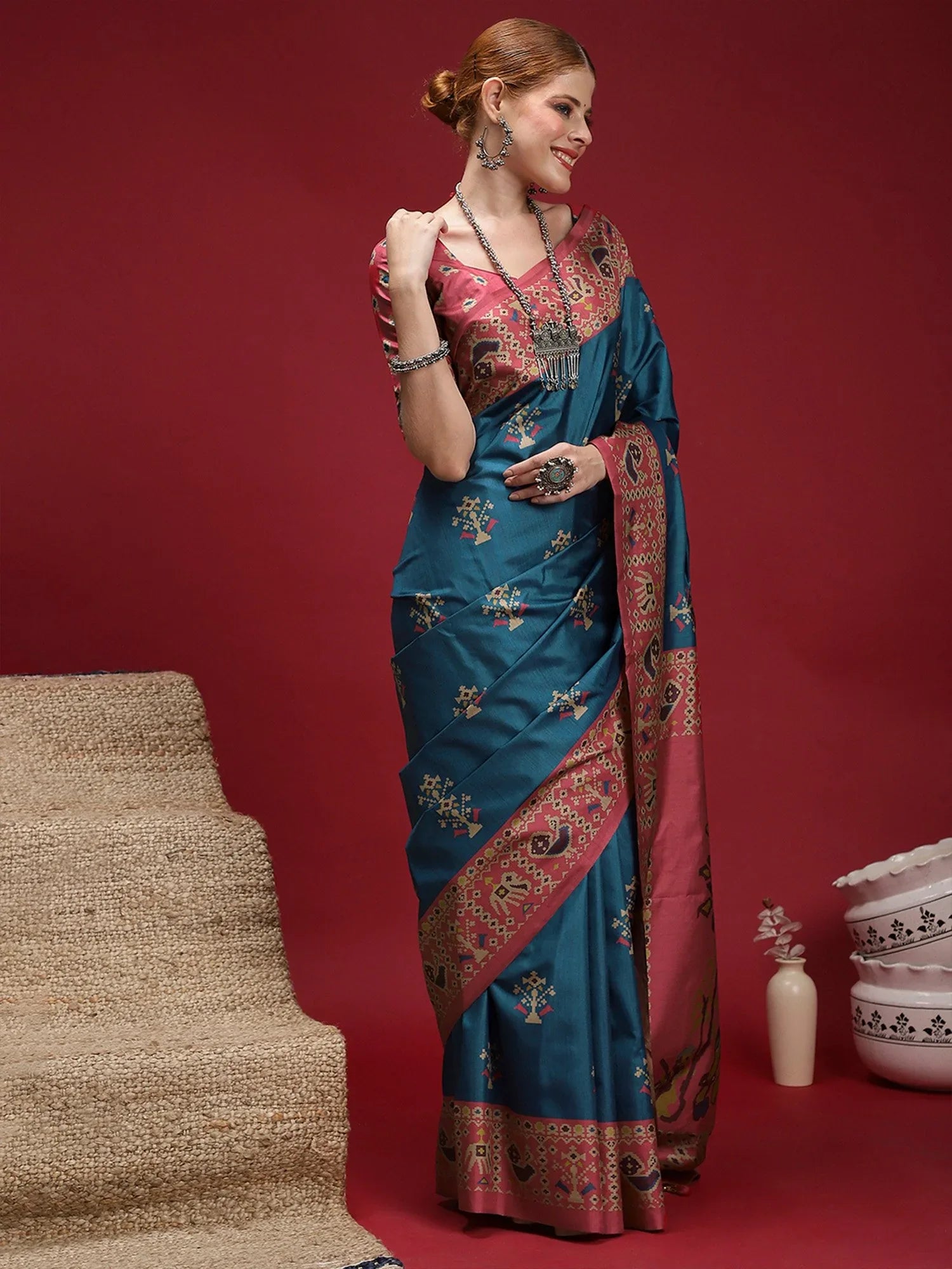 Teal Blue Chanderi Silk Blend Print Saree