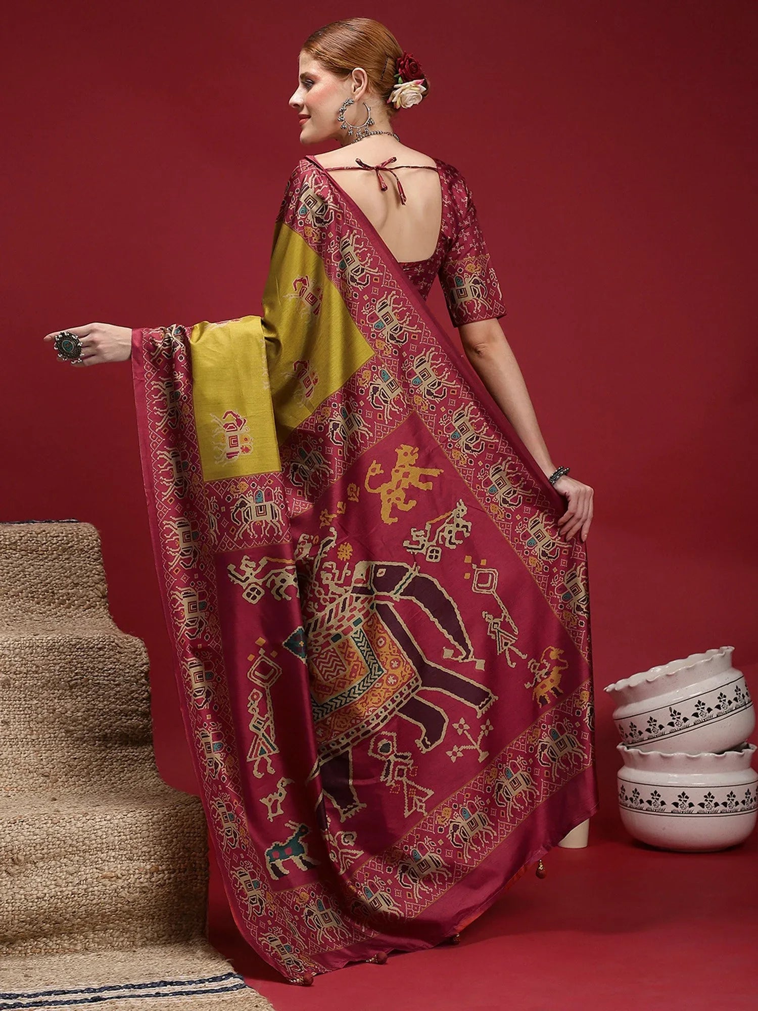 Olive Chanderi Silk Blend Digital Print Saree