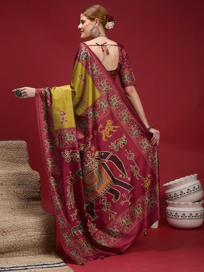 Olive Chanderi Silk Blend Digital Print Saree