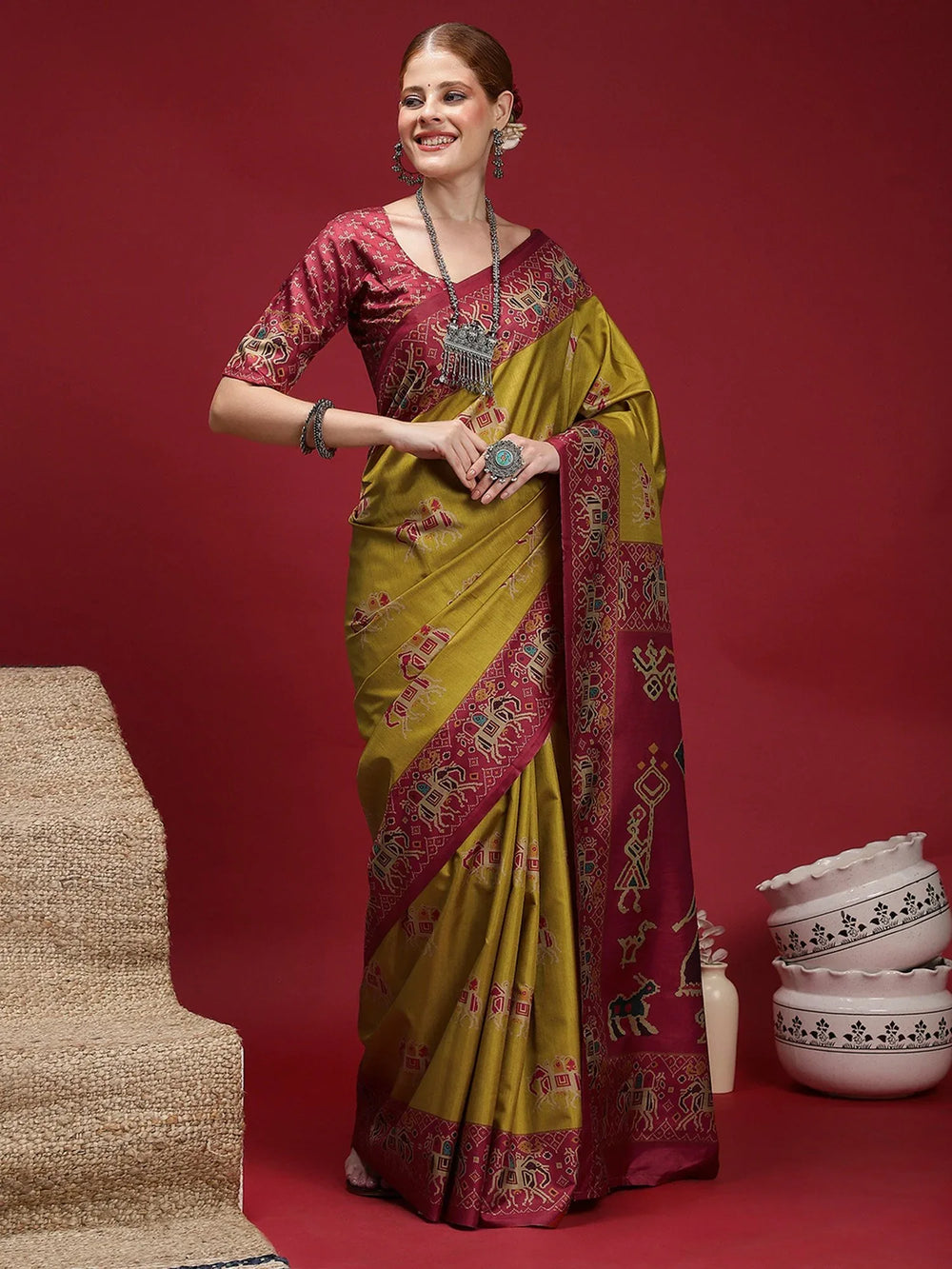 Green Olive Chanderi Silk Blend Digital Print Saree