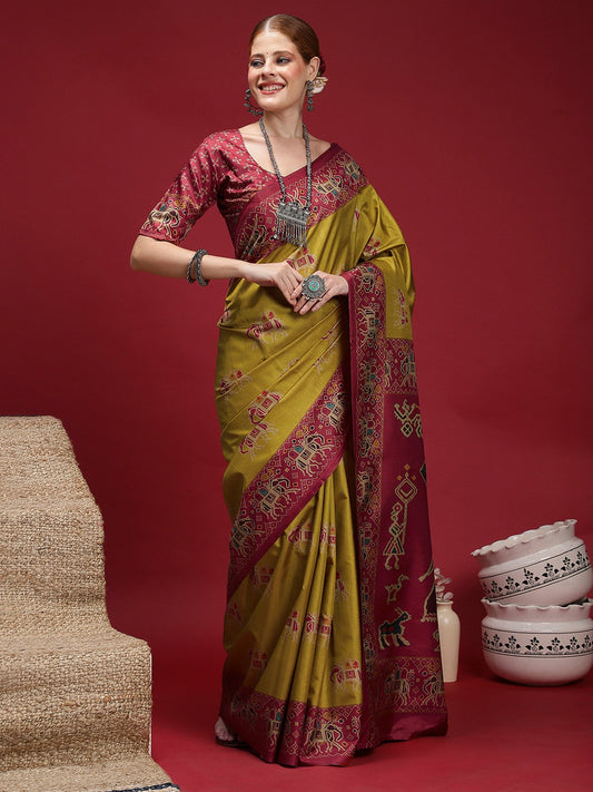 Green Olive Chanderi Silk Blend Digital Print Saree