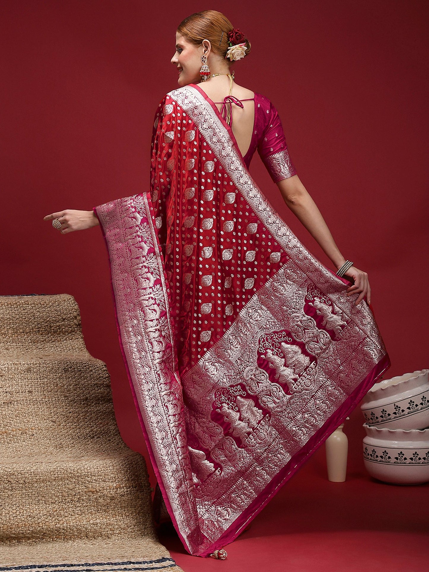 Red Banarasi Satin Silk Woven Saree