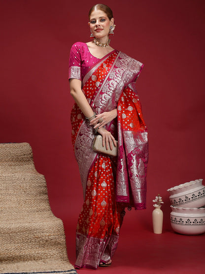 Red Banarasi Satin Silk Woven Saree