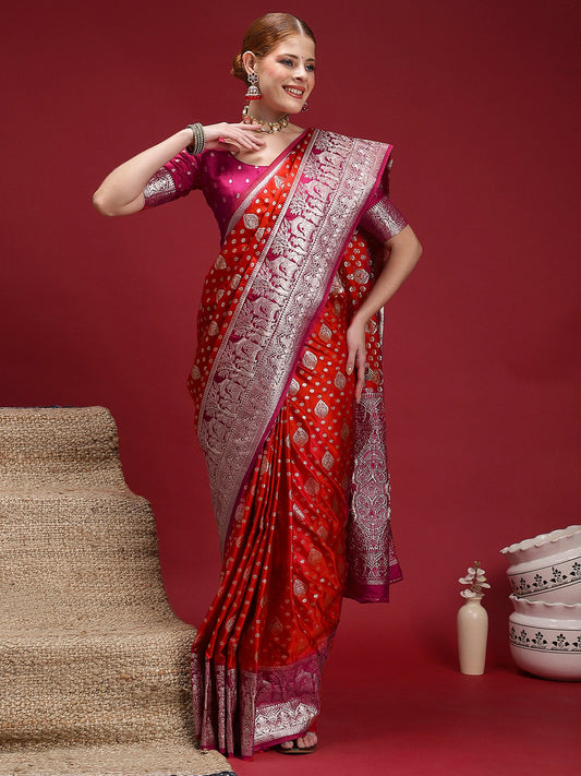 Red Red Banarasi Satin Silk Woven Saree