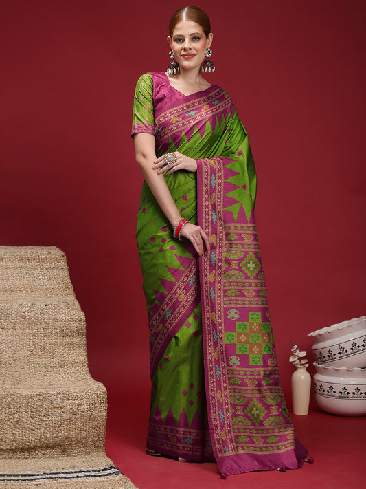 Green Light Chanderi Silk Blend Digital Print Saree