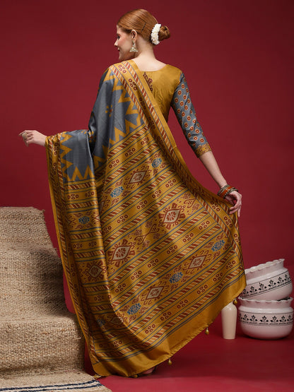 Charcoal Chanderi Silk Blend Digital Print Saree
