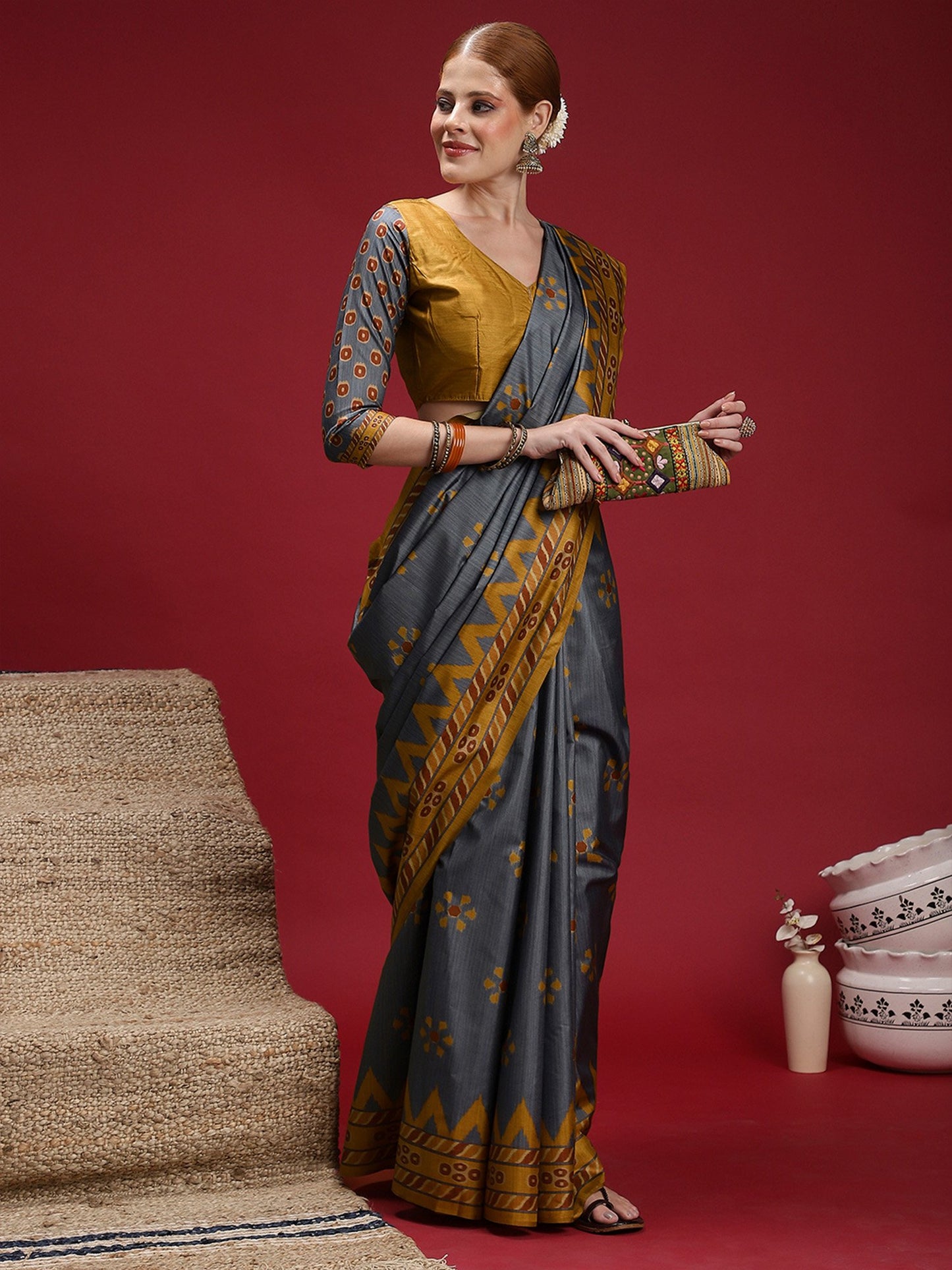 Charcoal Chanderi Silk Blend Digital Print Saree