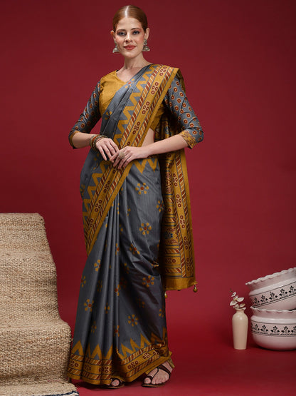 Grey Charcoal Chanderi Silk Blend Digital Print Saree
