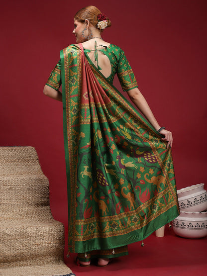 Rust Chanderi Silk Blend Digital Print Saree