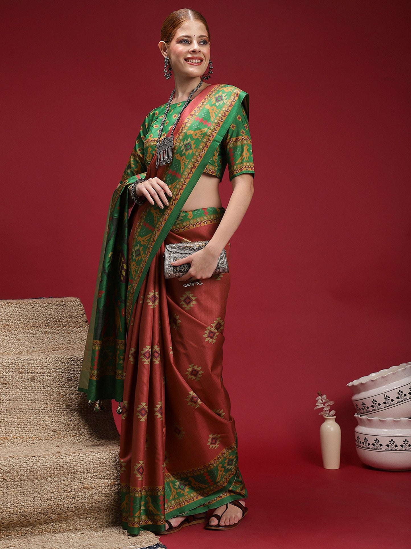 Rust Chanderi Silk Blend Digital Print Saree