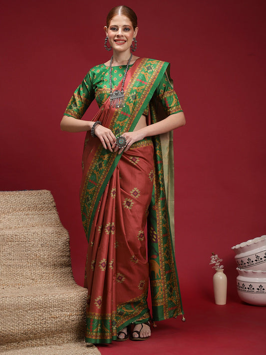 Brown Rust Chanderi Silk Blend Digital Print Saree