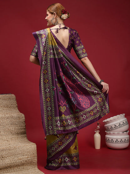 Olive Chanderi Silk Blend Digital Print Saree