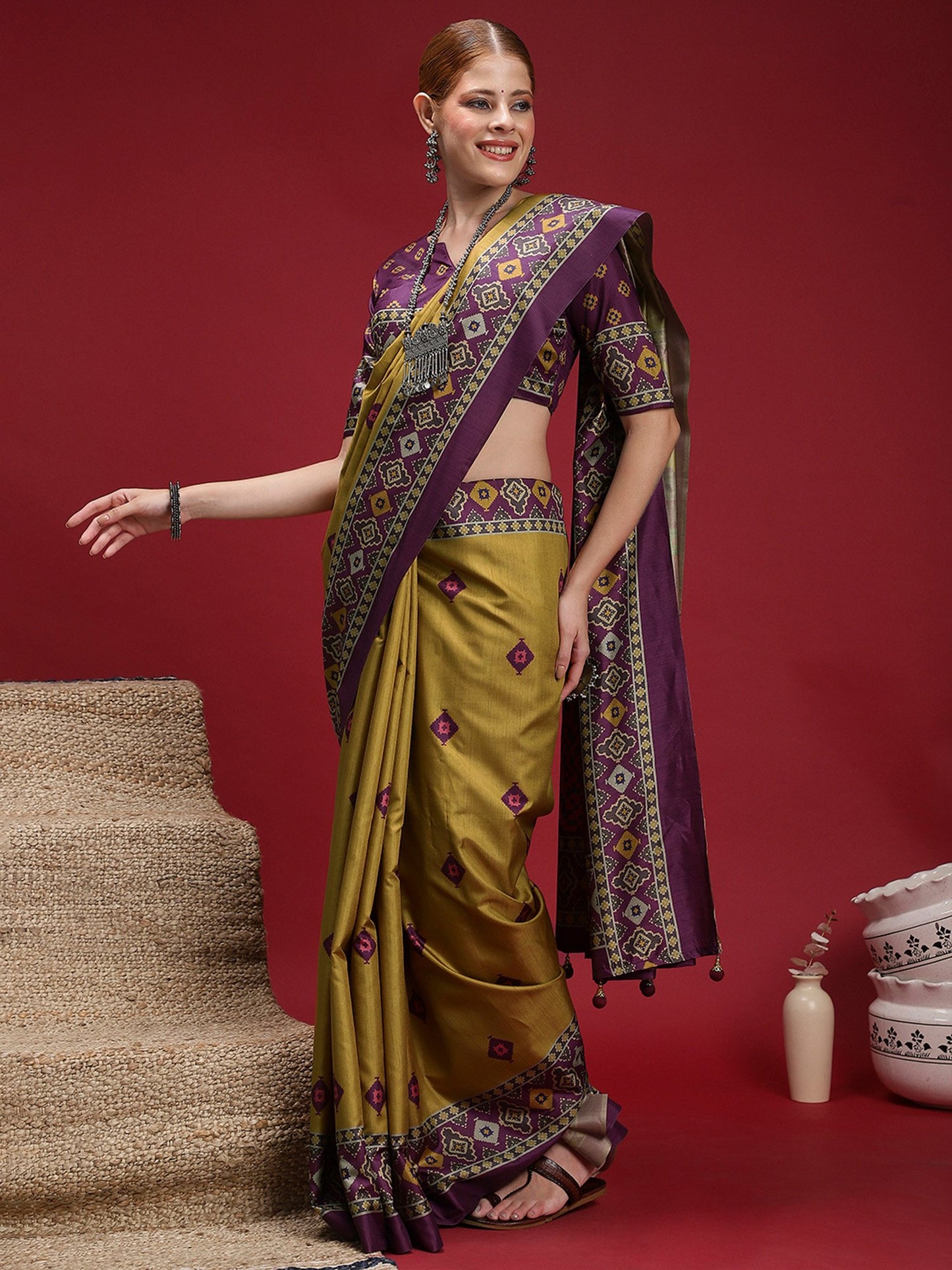 Olive Chanderi Silk Blend Digital Print Saree