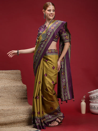 Olive Chanderi Silk Blend Digital Print Saree