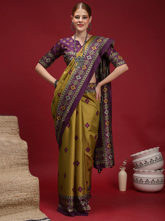 Green Olive Chanderi Silk Blend Digital Print Saree