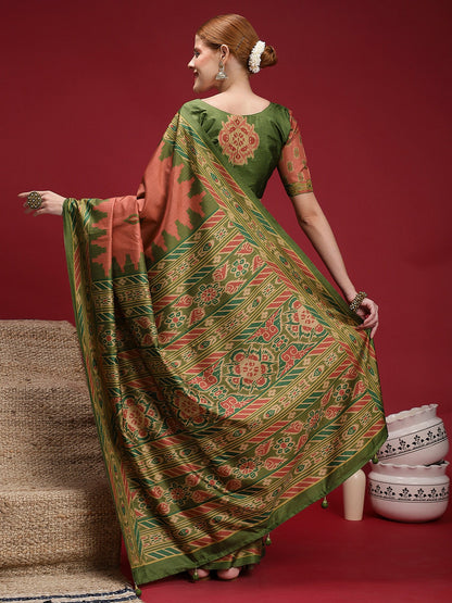 Rust Chanderi Silk Blend Digital Print Saree