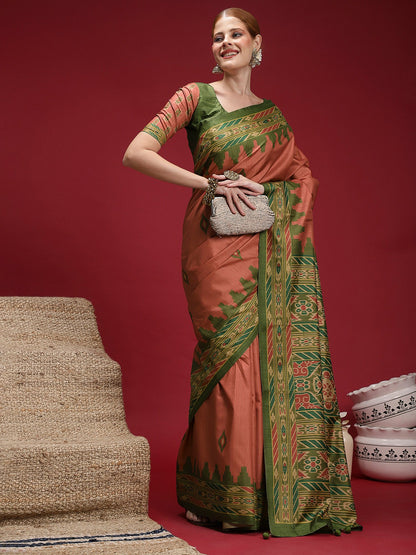 Rust Chanderi Silk Blend Digital Print Saree