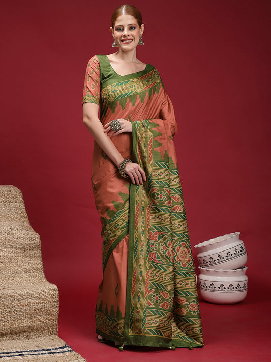Brown Rust Chanderi Silk Blend Digital Print Saree