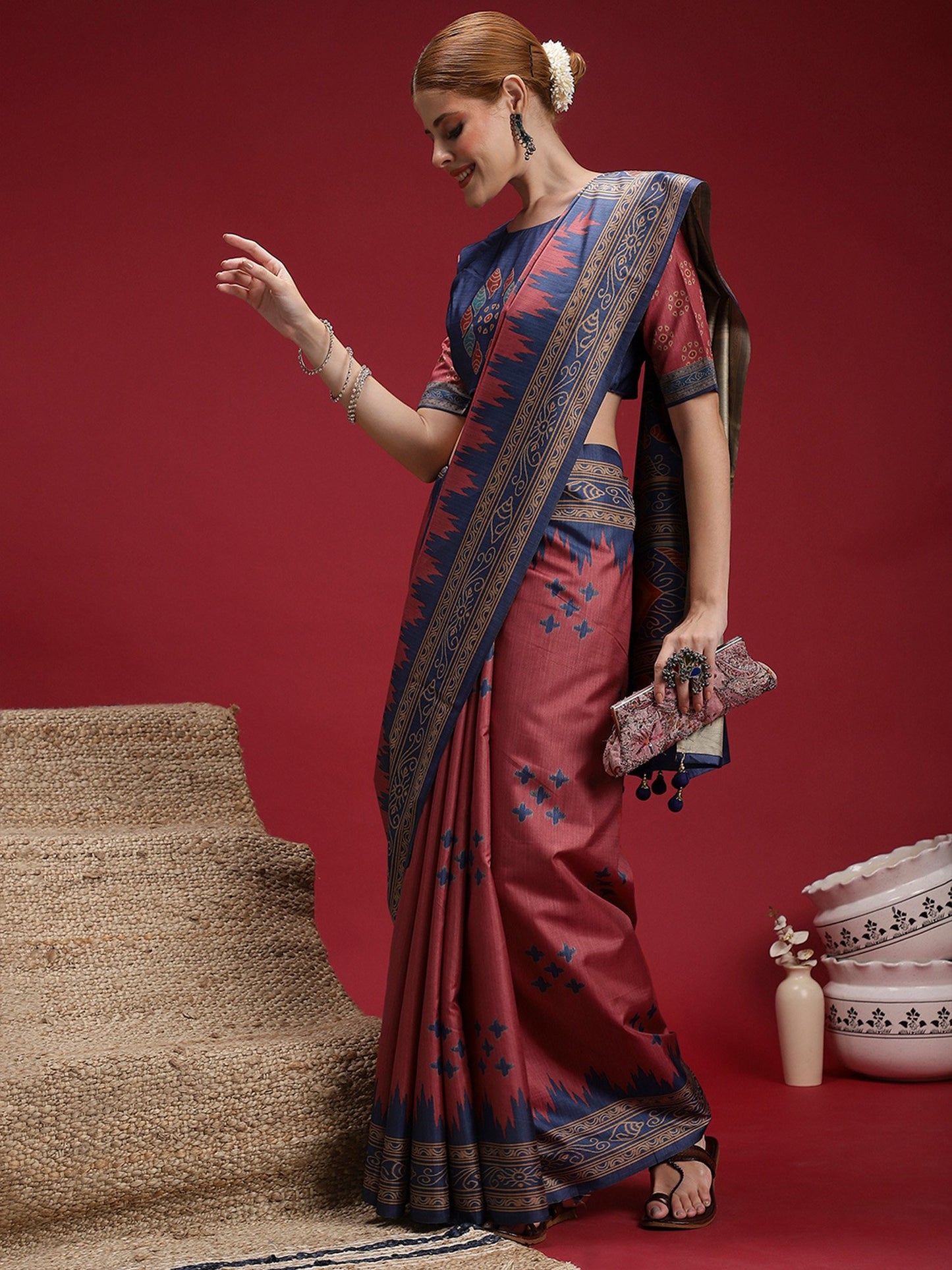 Maroon Chanderi Silk Blend Digital Print Saree