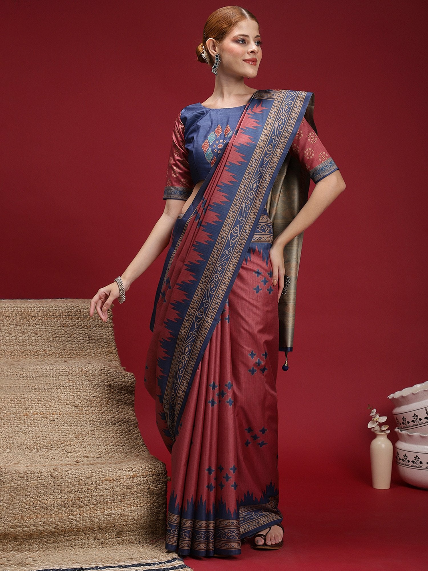 Maroon Maroon Chanderi Silk Blend Digital Print Saree