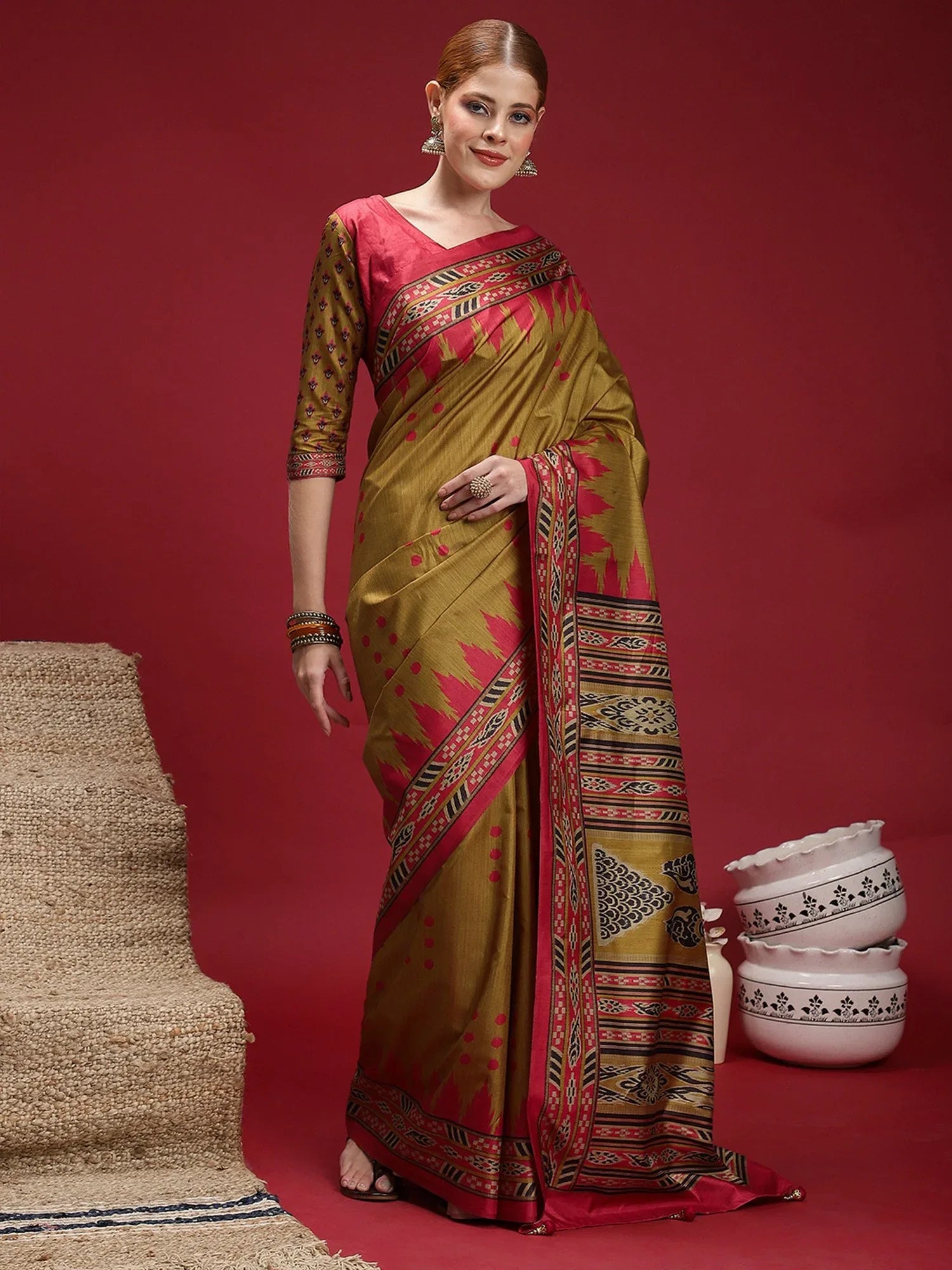 Olive Chanderi Silk Blend Digital Print Saree