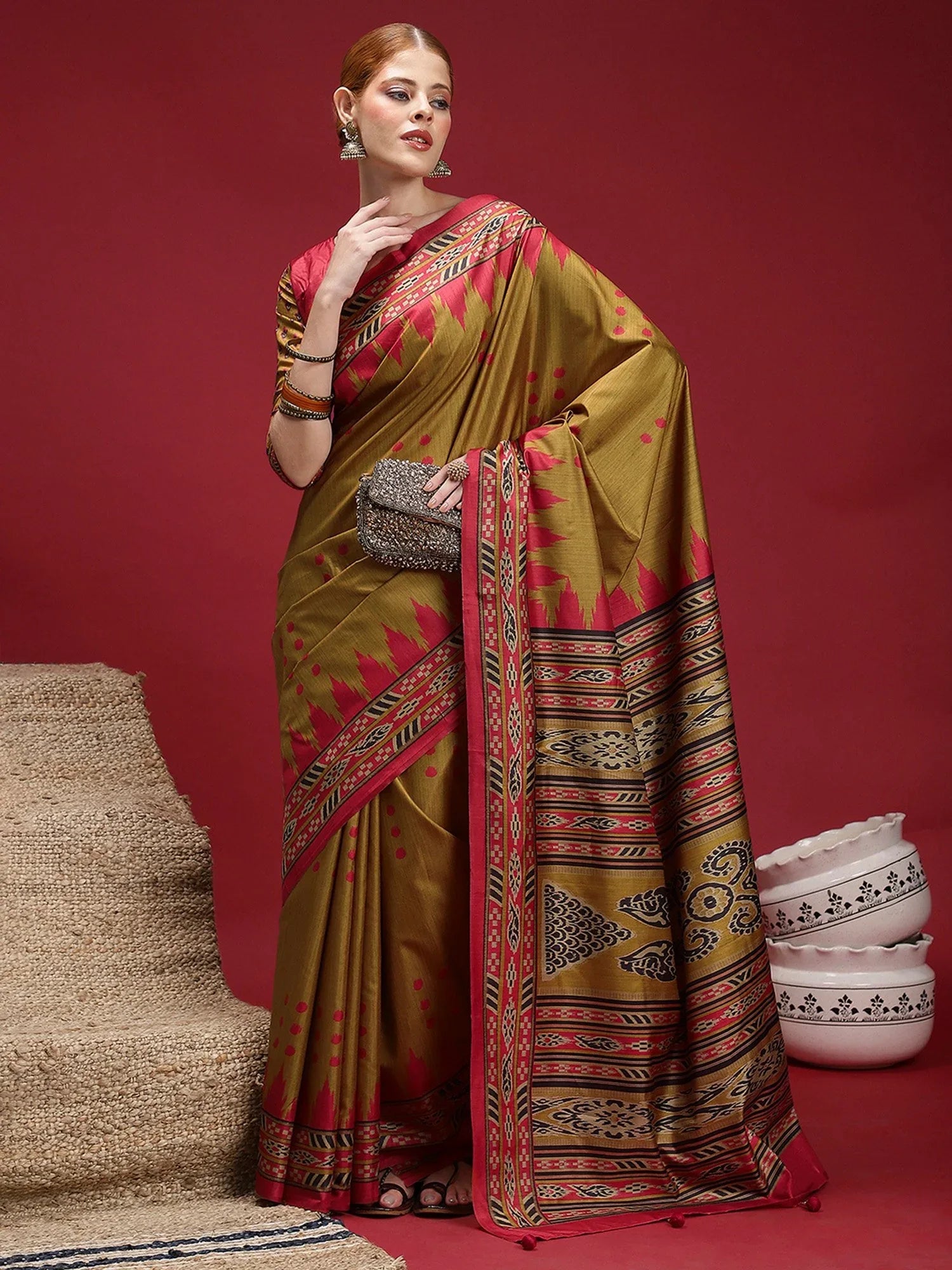 Green Olive Chanderi Silk Blend Digital Print Saree