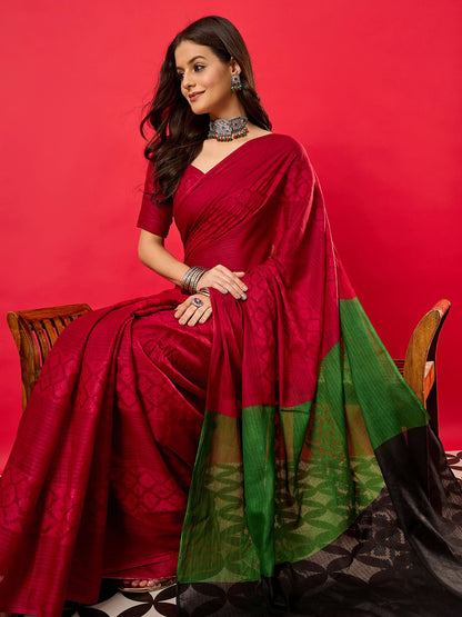 Red Tussar Cotton Digital Print Saree