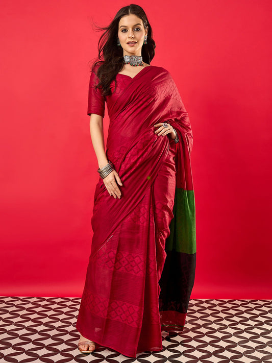 Red Red Tussar Cotton Digital Print Saree