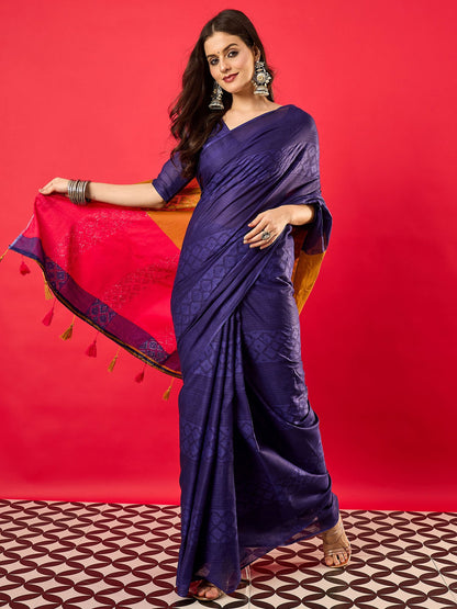 Blue Blue Tussar Cotton Digital Print Saree