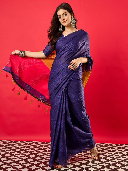 Blue Blue Tussar Cotton Digital Print Saree