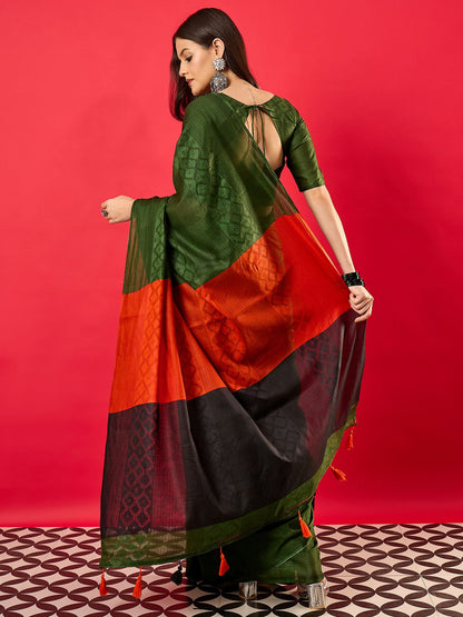 Green Tussar Cotton Digital Print Saree