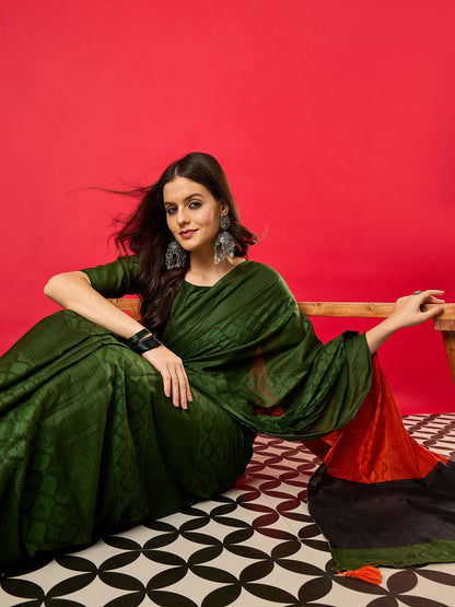 Green Tussar Cotton Digital Print Saree