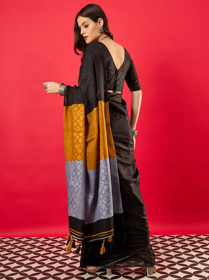 Black Tussar Cotton Digital Print Saree