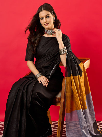 Black Tussar Cotton Digital Print Saree