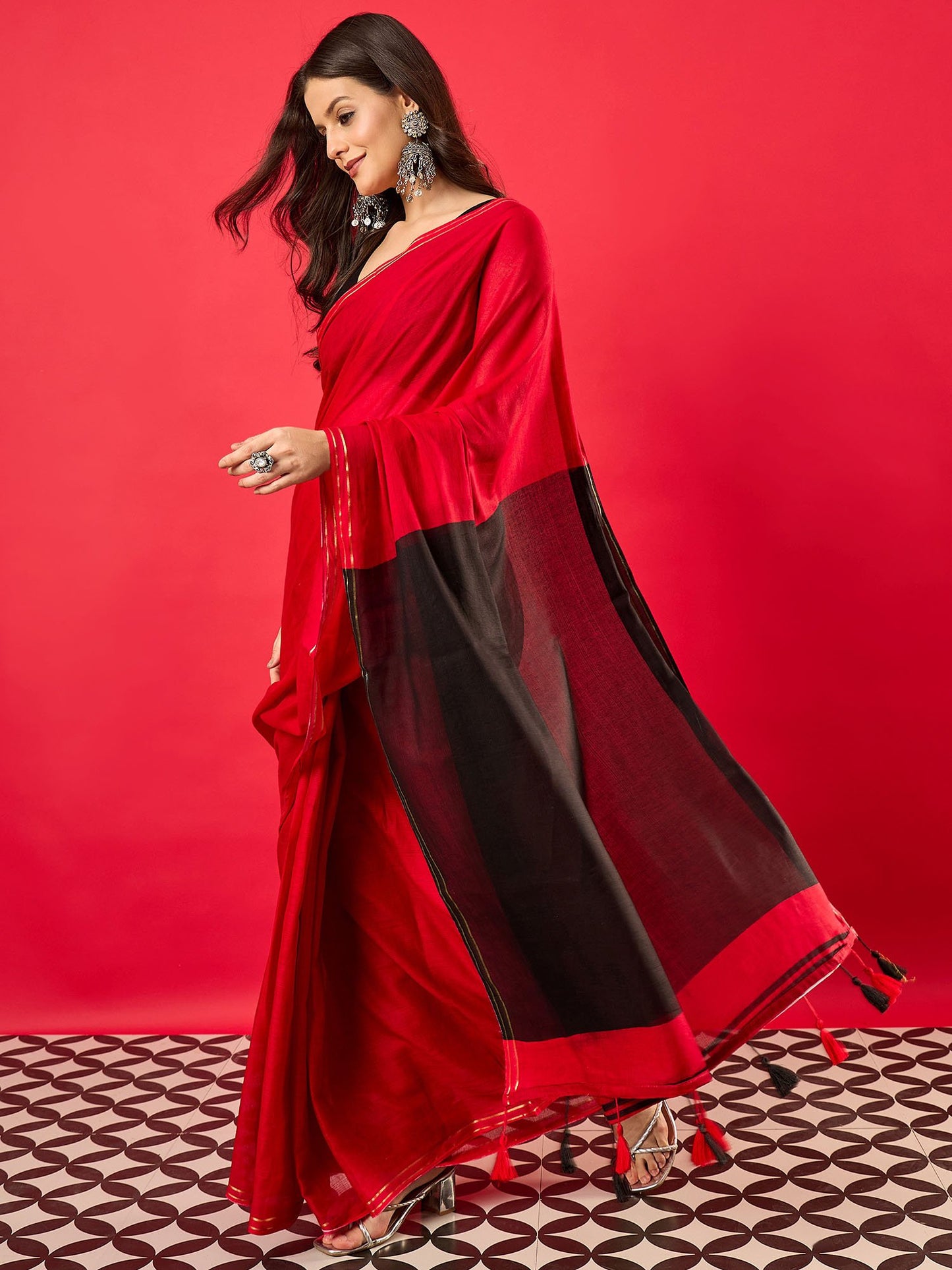 Red Mysore Silk Cotton Printed Saree