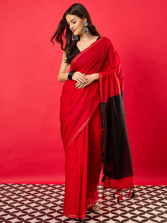 Red Red Mysore Silk Cotton Printed Saree