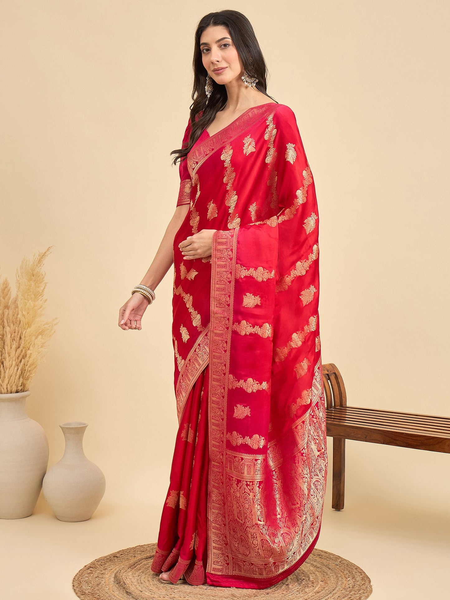 Red Banarasi Viscose Woven Saree